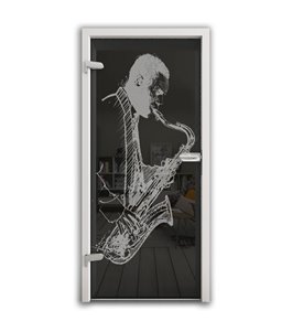 Ganzglastür Saksofonist Gelasert Auf Grauglas