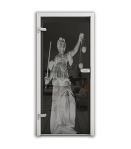 Ganzglastür Justitia Gelasert Auf Grauglas