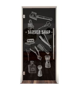 Pendeltür Barber Shop Gelasert Auf Grauglas