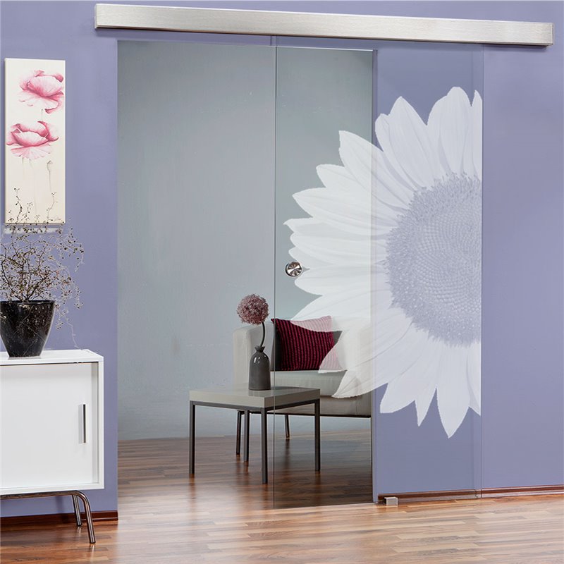 Glasschiebetür ECO-LINE Sonnenblume Gelasert Auf Klarglas Glasschiebetür ECO-LINE Sonnenblume Gelasert Auf Klarglas