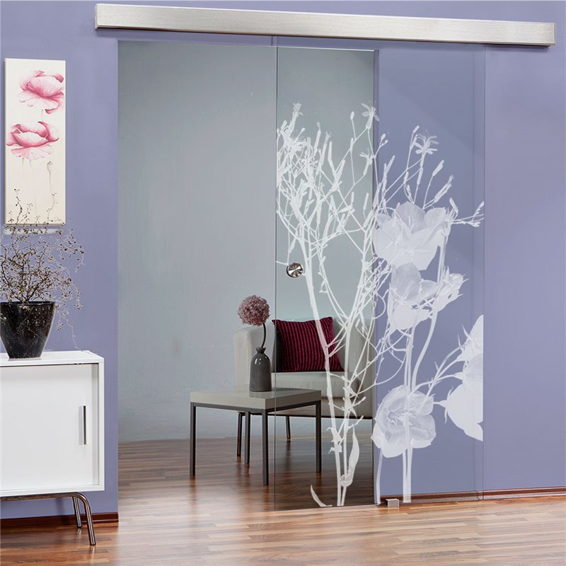 Glasschiebetür ECO-LINE Blume 7 Gelasert Auf Klarglas Glasschiebetür ECO-LINE Blume 7 Gelasert Auf Klarglas