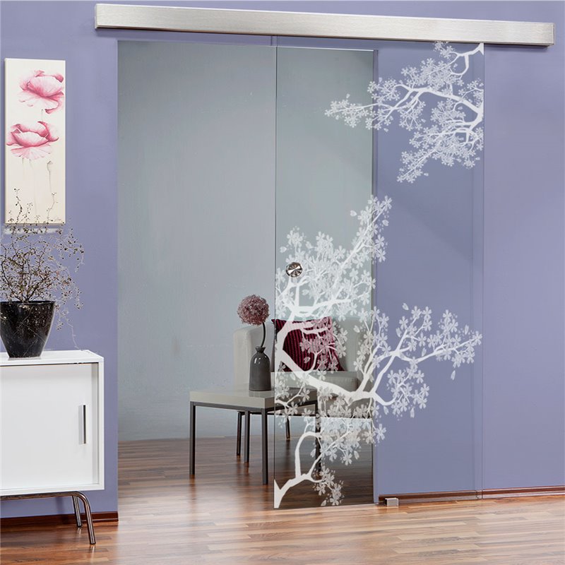 Glasschiebetür ECO-LINE Japan Garden Gelasert Auf Klarglas Glasschiebetür ECO-LINE Japan Garden Gelasert Auf Klarglas