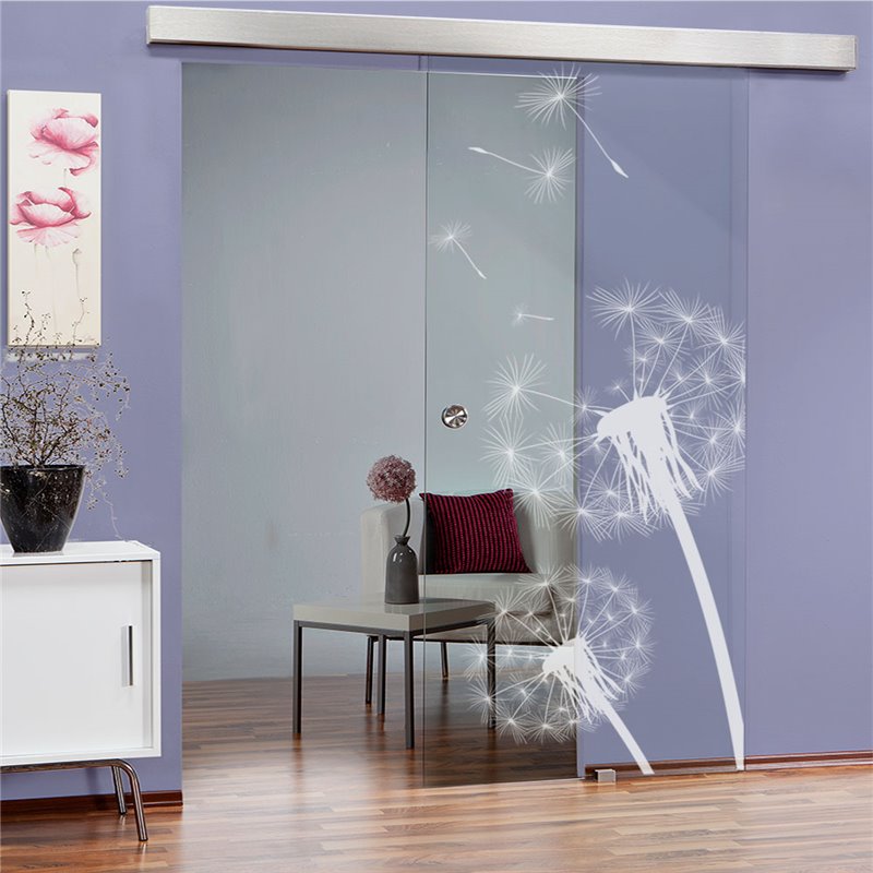 Glasschiebetür ECO-LINE Pusteblume Gelasert Auf Klarglas Glasschiebetür ECO-LINE Pusteblume Gelasert Auf Klarglas
