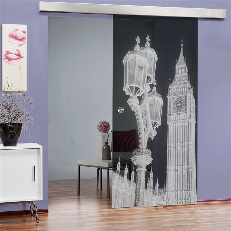 Glasschiebetür ECO-LINE Big Ben Gelasert Auf Grauglas Glasschiebetür ECO-LINE Big Ben Gelasert Auf Grauglas