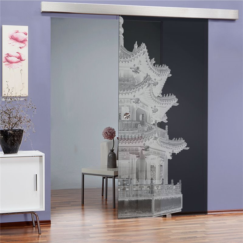 Glasschiebetür ECO-LINE Pagode II Gelasert Auf Grauglas Glasschiebetür ECO-LINE Pagode II Gelasert Auf Grauglas
