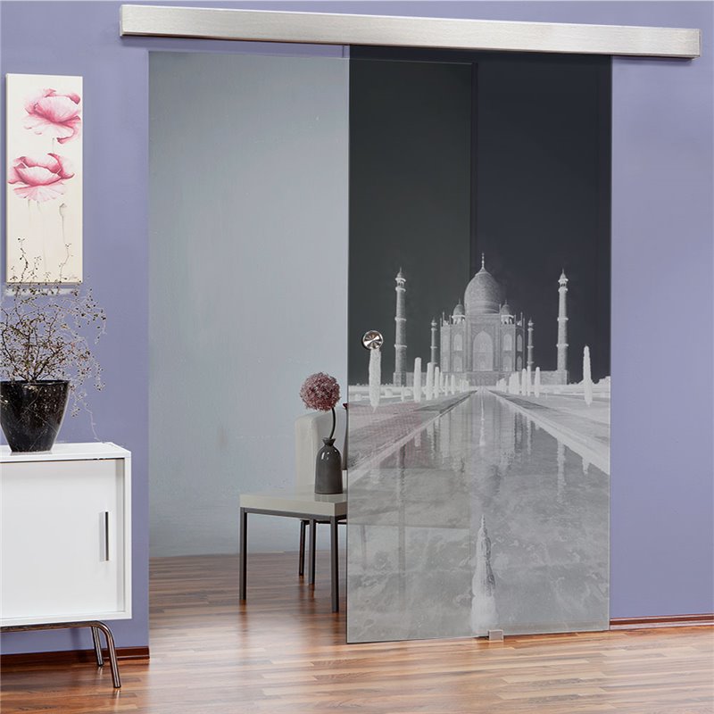 Glasschiebetür ECO-LINE Tac Mahal Gelasert Auf Grauglas Glasschiebetür ECO-LINE Tac Mahal Gelasert Auf Grauglas