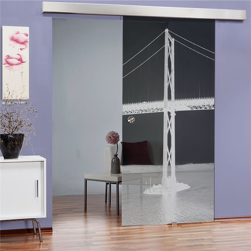 Glasschiebetür ECO-LINE Golden Gate Gelasert Auf Grauglas Glasschiebetür ECO-LINE Golden Gate Gelasert Auf Grauglas