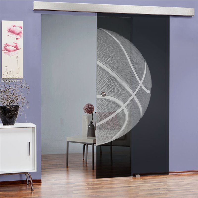 Glasschiebetür ECO-LINE Basketball Gelasert Auf Grauglas