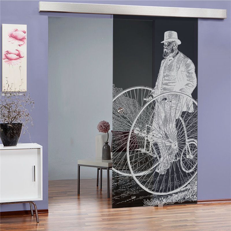 Glasschiebetür ECO-LINE Vintage Bike Gelasert Auf Grauglas Glasschiebetür ECO-LINE Vintage Bike Gelasert Auf Grauglas