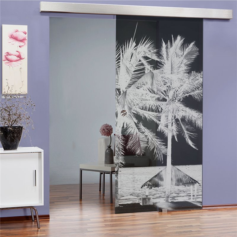 Glasschiebetür ECO-LINE Palmen II Gelasert Auf Grauglas Glasschiebetür ECO-LINE Palmen II Gelasert Auf Grauglas