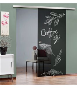 Glasschiebetür SLIM-LINE Coffee Set Gelasert Auf Grauglas