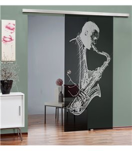 Glasschiebetür SLIM-LINE Saksofonist Gelasert Auf Grauglas