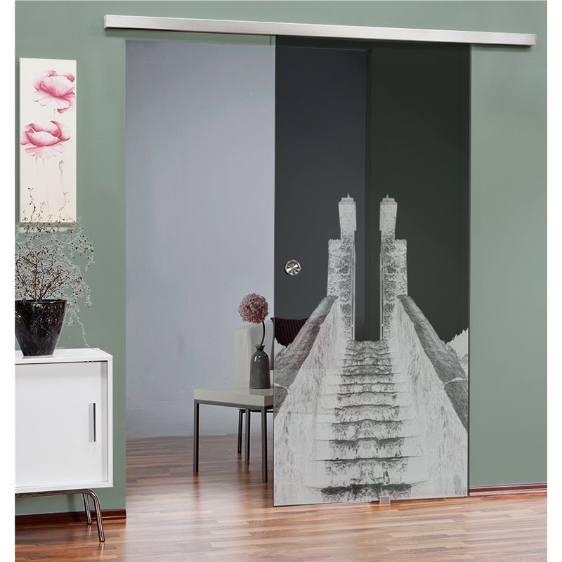 Glasschiebetür SLIM-LINE Treppe Gelasert Auf Grauglas Glasschiebetür SLIM-LINE Treppe Gelasert Auf Grauglas