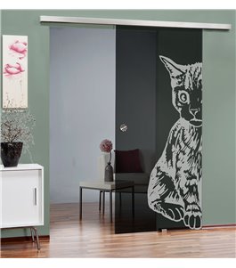 Glasschiebetür SLIM-LINE Katze Gelasert Auf Grauglas