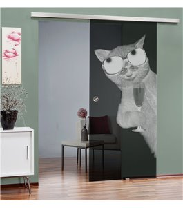 Glasschiebetür SLIM-LINE Drinking Cat Gelasert Auf Grauglas
