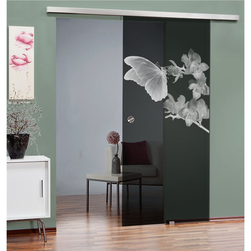 Glasschiebetür SLIM-LINE Butterfly Gelasert Auf Grauglas Glasschiebetür SLIM-LINE Butterfly Gelasert Auf Grauglas