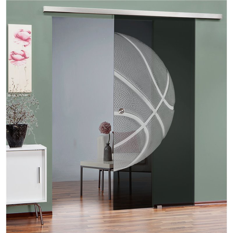 Glasschiebetür SLIM-LINE Basketball Gelasert Auf Grauglas
