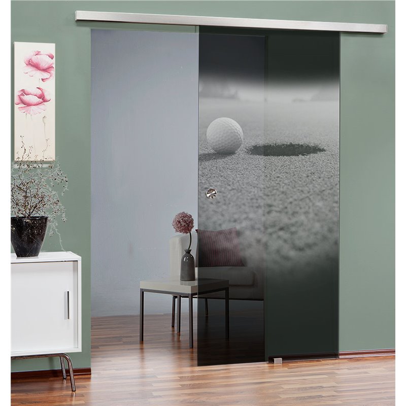 Glasschiebetür SLIM-LINE Golf Gelasert Auf Grauglas Glasschiebetür SLIM-LINE Golf Gelasert Auf Grauglas