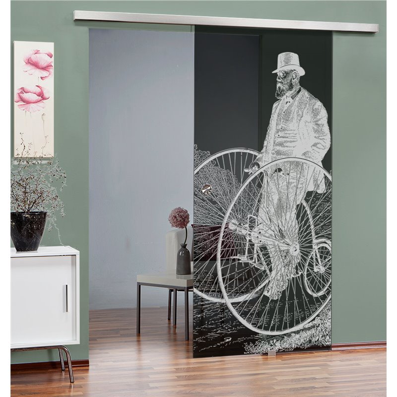 Glasschiebetür SLIM-LINE Vintage Bike Gelasert Auf Grauglas