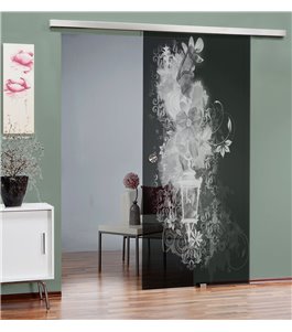 Glasschiebetür SLIM-LINE Blume 6 Gelasert Auf Grauglas