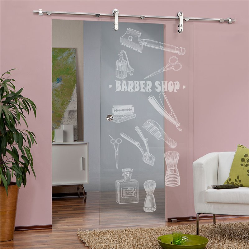 Glasschiebetür PIPE-LINE Barber Shop Gelasert Auf Klarglas Glasschiebetür PIPE-LINE Barber Shop Gelasert Auf Klarglas